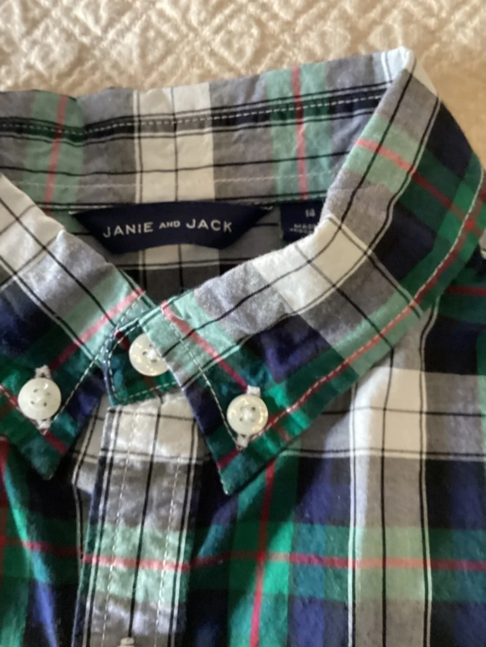 Janie and Jack boys size 14 green plaid cotton Oxford shirt
